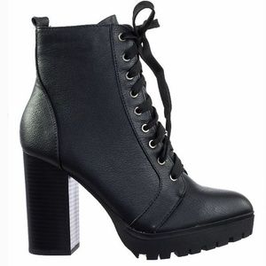 Black Combat Lace Up Platform Lug Sole Bootie Boot